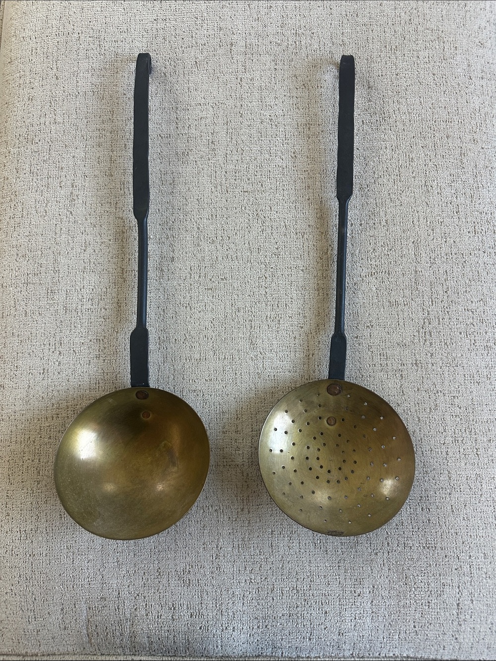 Authentic 19th Century Hand-Forged Brass & Iron Hearth Utensil Set